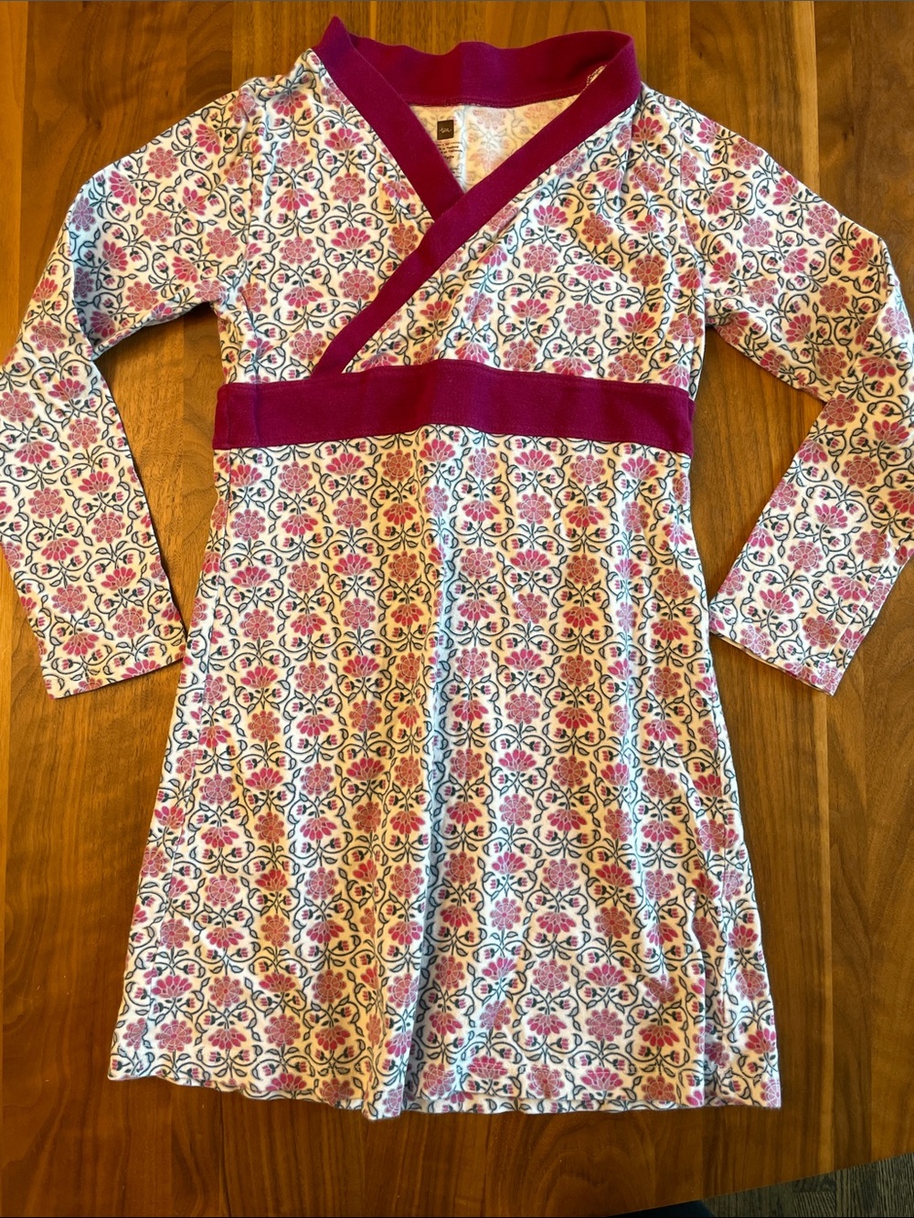 Tea Collection Pink Floral Wrap Dress with Magenta Trim